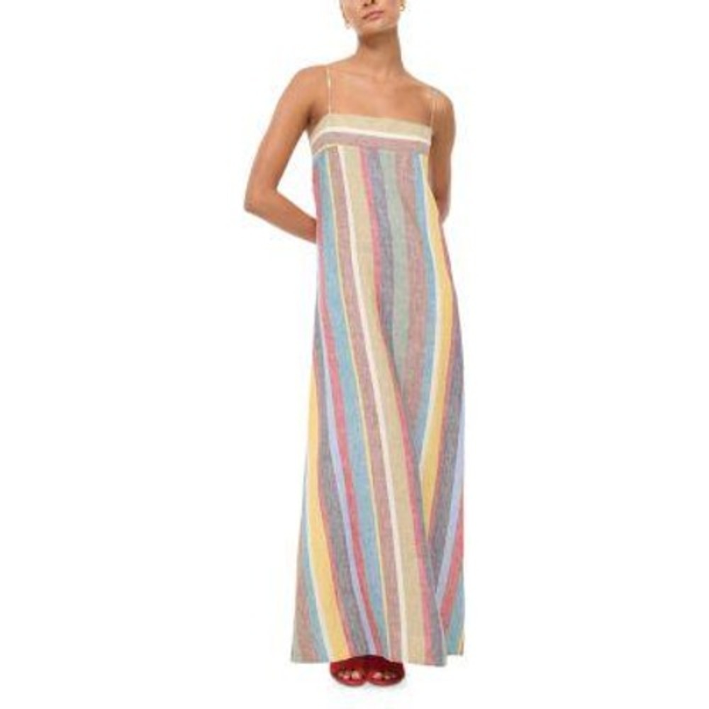 STAUD Laura Linen Dress Market Stripe Multi-Color Maxi Sleeveless Women Size S